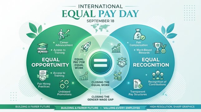 International Equal Pay Day infographic, gender wage gap awareness banner, equal opportunity and recognition concept for corporate HR