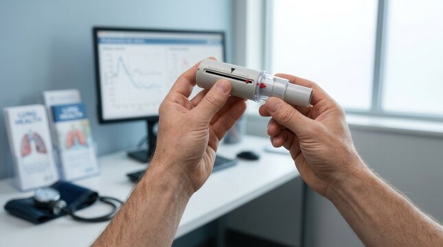 Close-up of hands holding a spirometer device in a medical office, with a computer displaying lung function graphs.