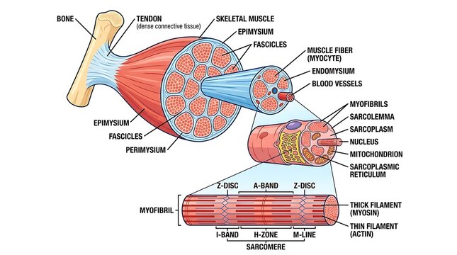 Skeletal muscle fiber anatomy structure showing fascicle and myofibril detail with anatomy diagram