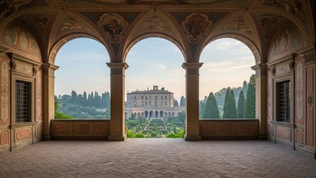 Ornate arched loggia overlooking formal gardens and distant palazzo