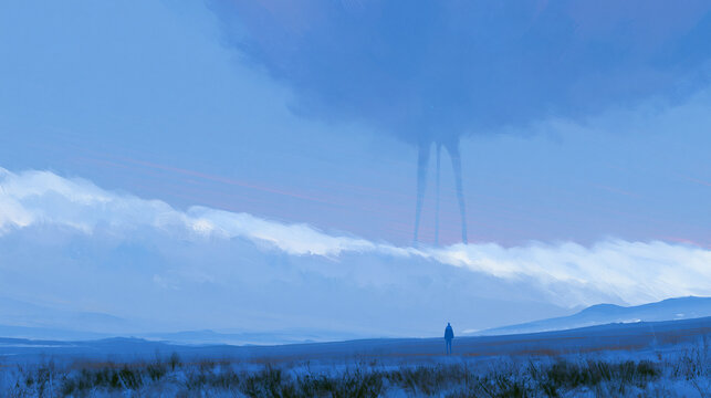Lone Traveler Facing Giant Alien Creature in Blue Landscape
