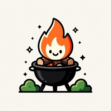 Cute cartoon campfire character sits in black grill pot with logs and bright flame. Cheerful fire burns with heat and light. Green bushes frame the happy icon.