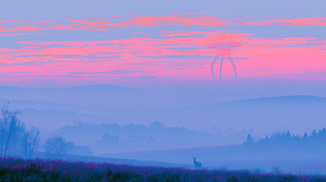 Giant Monster Emerging Through Mist Under Pink Sky 