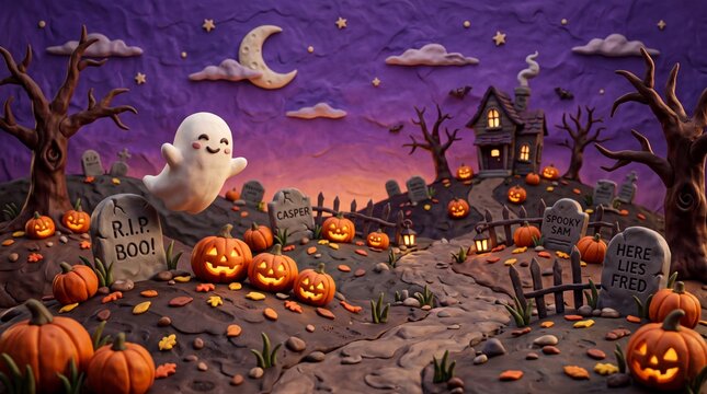 Cute Clay Ghost in Spooky Graveyard with Halloween Pumpkins