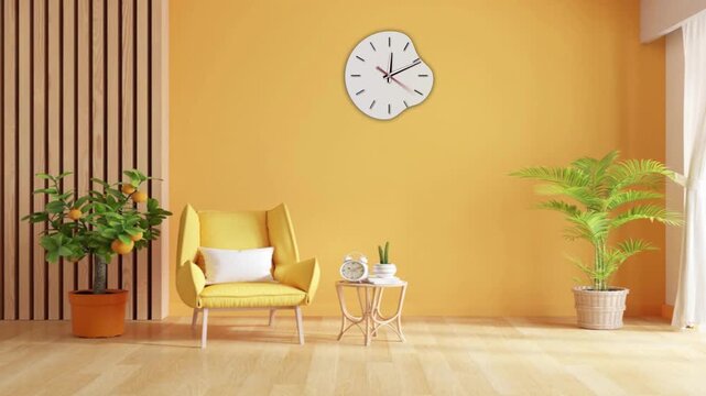 Home decoration or interior design wall clock or awesome stylish wall clock animation yellow color wall interior