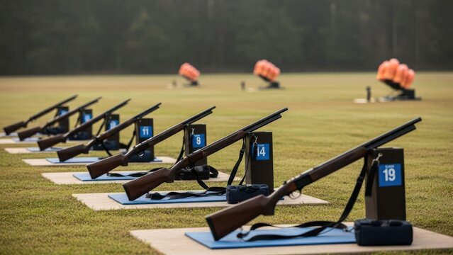 Outdoor shooting range with multiple shotguns ready for action