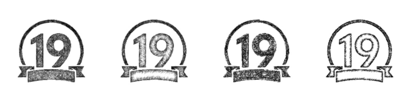 Sketch black and white number 19 logo design set