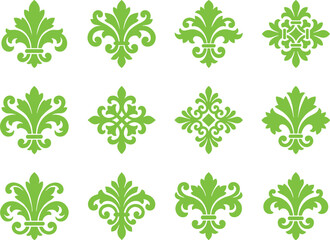 Green fleur de lis heraldic symbols featuring ornate lily designs for classic decorations. © Ramzan