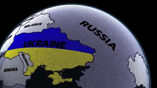 a digital futuristic-style globe focusing on UKRAINE, UKRAINE map, Ukraine Flag, Eastern Europe.,