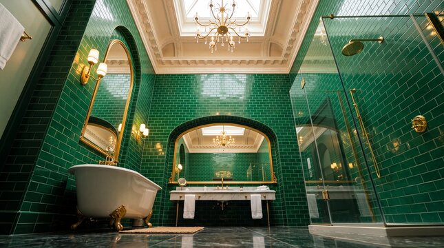 Luxury Bathroom Interior with Green Tiles and Chandelier