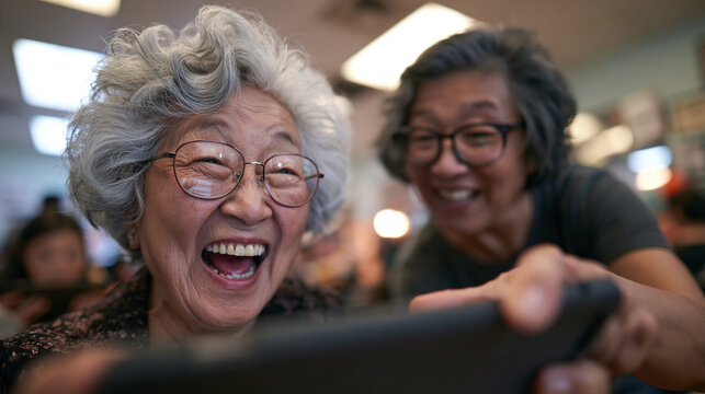 Happy Senior Asian Woman Laughing While Using Smartphone Indoors