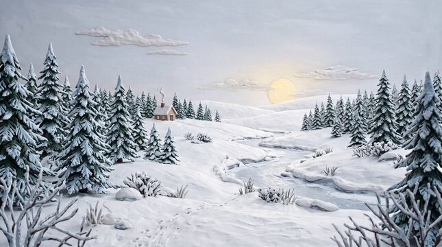 Handcrafted Clay Winter Landscape with Cabin and Snowy Trees