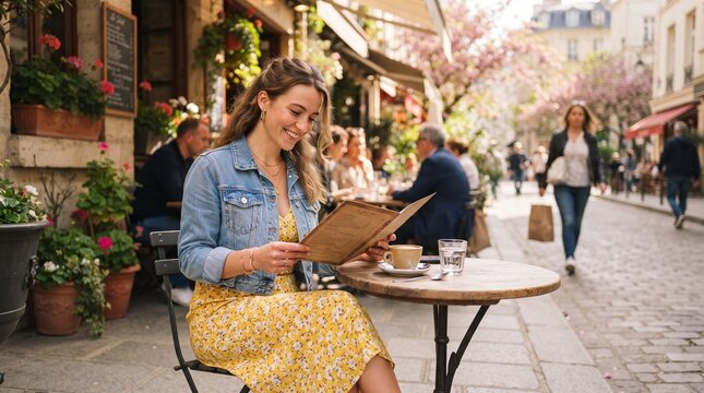 Woman reading menu at an outdoor cafe in Paris during spring