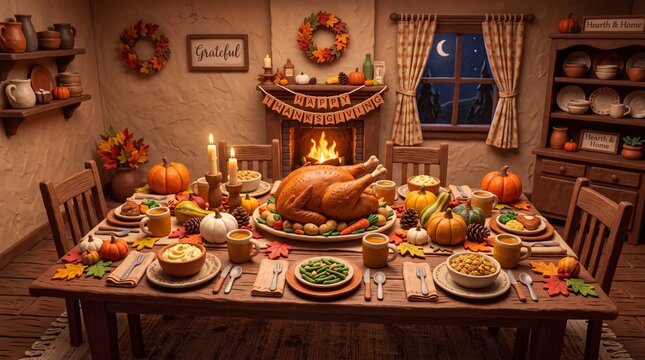 Thanksgiving Dinner Feast on Rustic Table Beside Fireplace