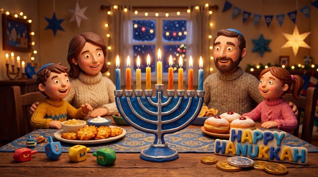 Jewish Family Celebrating Hanukkah with Lit Menorah and Food
