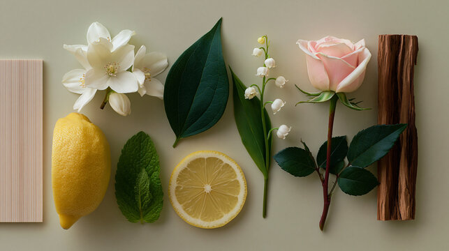 White Flowers Rose Lemon and Cinnamon Botanical Flat Lay