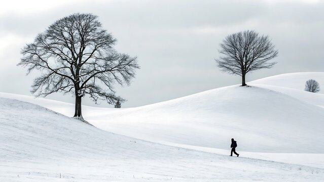 Lone figure walking through a snow covered landscape with bare trees