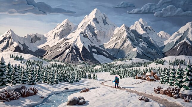 Claymation Winter Mountain Landscape with Lone Hiker