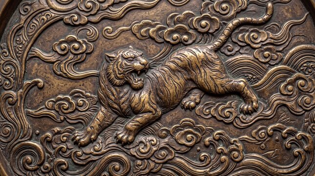 Traditional Asian Bronze Relief of Roaring Tiger