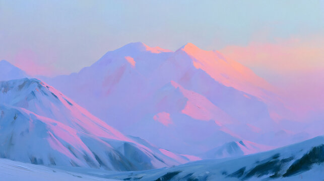 Pastel Snowy Mountain Peaks Under Pink Winter Sky