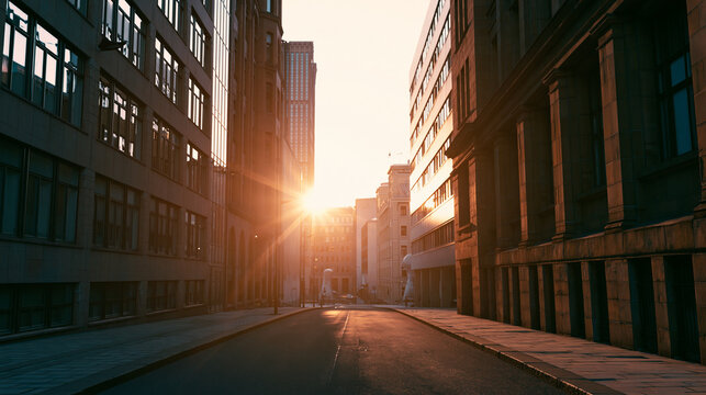 Sunrise Between Urban Buildings on Empty City Street