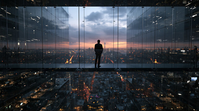 Businessman Looking at City Skyline from Modern Glass Skyscraper