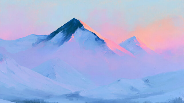 Pastel Snowy Mountain Peaks Under Pink Winter Sky