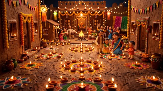 Diwali Festival Celebration in Village Diorama with Diyas and Rangoli