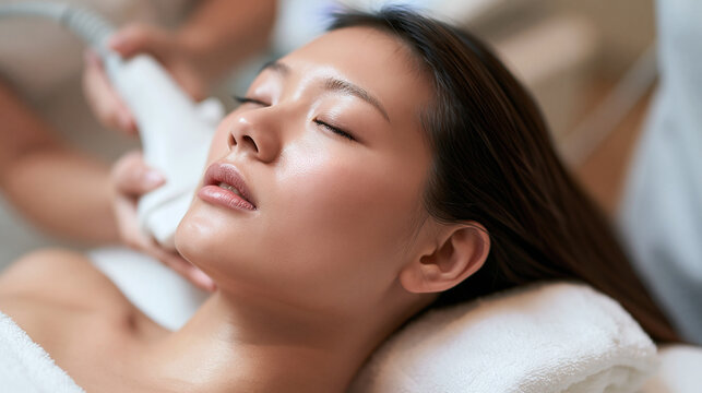 Asian Woman Receiving Facial Laser Treatment at Aesthetic Clinic