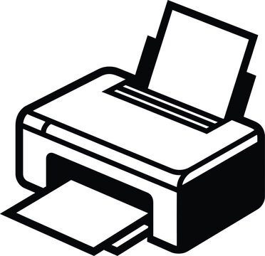 Black and white icon of a desktop printer with paper