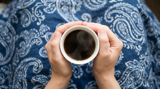 Person holding a steaming cup of coffee in a blanket with hot beverage