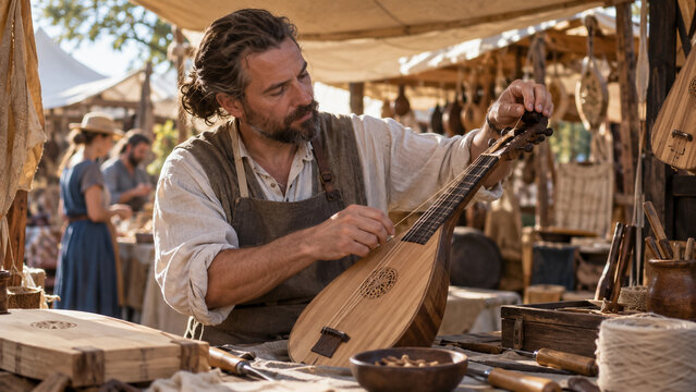Craftsman tuning a handmade wooden lute at historical medieval market workshop. Concept of heritage, practitioner, acoustic, instrument, demonstrates, technique, luthier, acoustic instrument.
