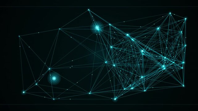 Abstract tech background featuring a glowing digital network with interconnected nodes forming a looping pattern suitable for overlay use