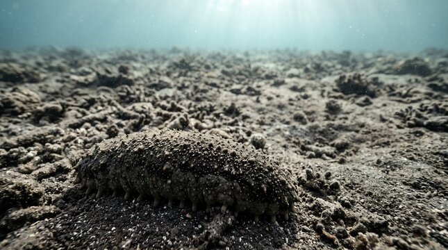 Wide angle view of a dark sea cucumber resting on the sandy ocean floor with sun rays