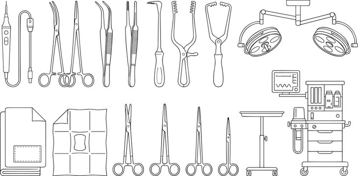 Surgical tools set scalpel forceps scissors retractor surgical light anesthesia machine medical equipment line art vector.