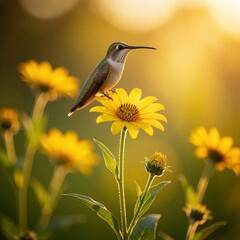 Fototapeta premium Small hummingbird sits on bright yellow flower petals. Soft golden hour light bathes flora and fauna. Sun shines on meadow with bokeh background.