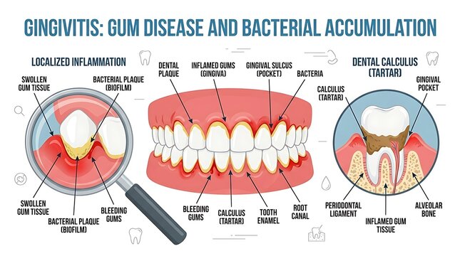 Medical educational poster showing gingivitis progression gum disease and bacterial plaque