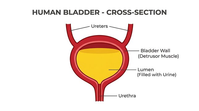 Cross section illustration of human bladder showing urethra and internal anatomy with urinary syst