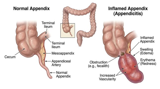 Comparison diagram of a healthy appendix and an inflamed appendix showing appendicitis