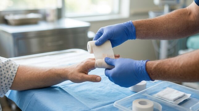 Doctor or nurse applying bandage to patient's hand in clinic, close-up of medical procedure and care