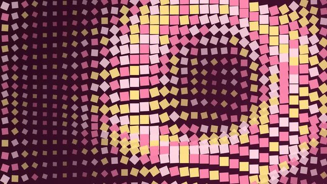 Abstract geometric motion background, with rotating pink, and yellow squares, in a hypnotic, tunnel pattern