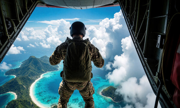 Military parachutist prepares to jump from plane over tropical island. Soldier with parachute backpack ready for extreme sport adventure over blue ocean and green mountains.