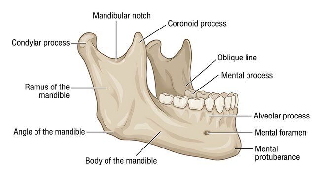 Anatomy of the human mandible showing bone structure and processes with jaw bone