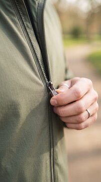 Close-up of hand zipping up a green jacket outdoors