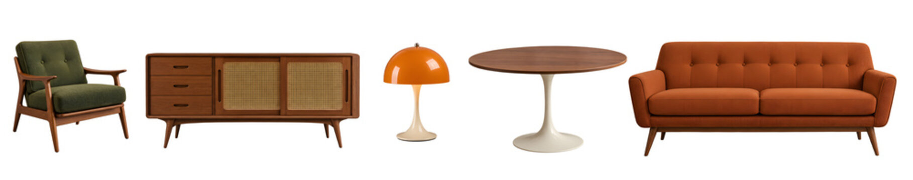 Retro Mid Century Furniture Collection with Warm Colors and Curved Forms