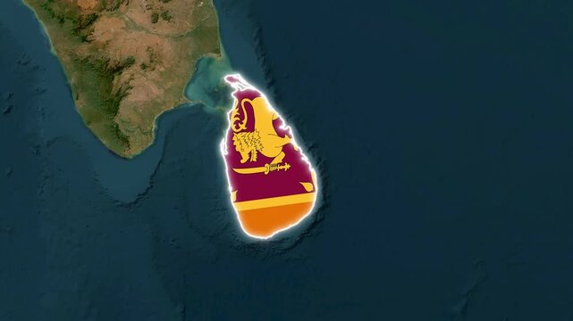 Sri Lanka map highlighted with vibrant flag colors in this animated digital motion video clip for global geography data presentations