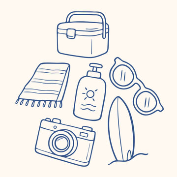 Set of hand drawn summer vacation items including a cooler towel sunscreen sunglasses camera with art icons summer surfboard