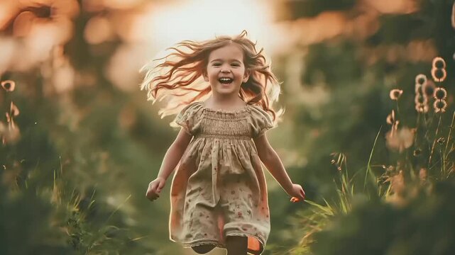 Summer hot vibe lifestyle. A candid portrait of a young girl running through a field at sunset. The sun casts a warm, golden light over the scene.