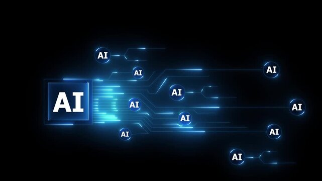 Futuristic Artificial Intelligence Network with Glowing Circuit Lines and Digital Data Flow on Black Technology Background. Animation of 4k video.