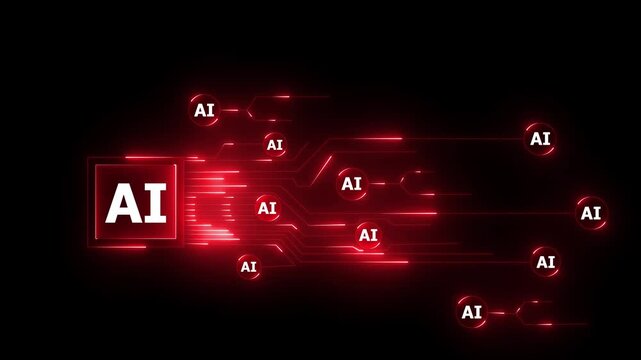Futuristic Artificial Intelligence Network with Glowing Circuit Lines and Digital Data Flow on Black Technology Background. Animation of 4k video.